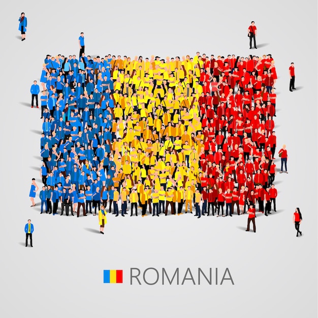 Большая группа людей в форме флага румынии
