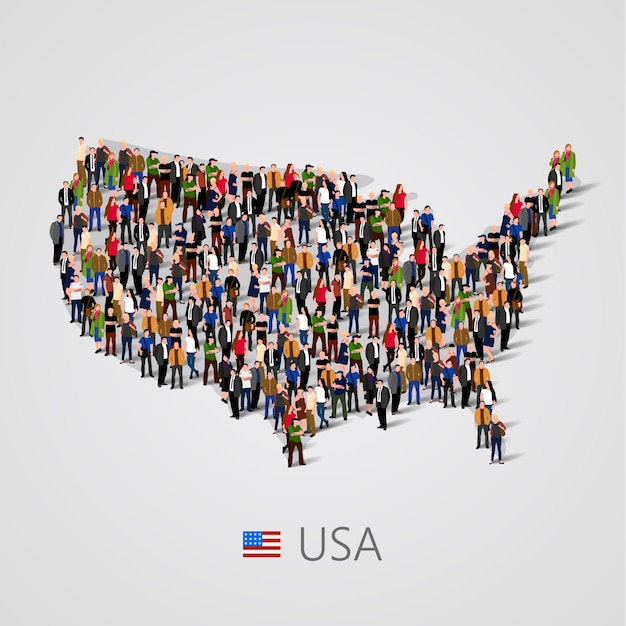 인포 그래픽 요소가있는 미국 또는 미국지도에있는 사람들의 큰 그룹.
