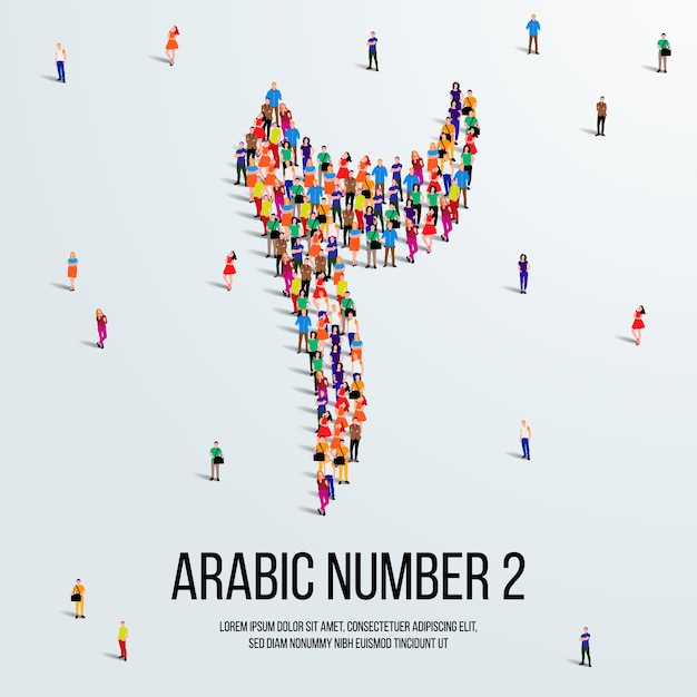 Un grande gruppo di persone si forma per creare il numero 2 o due in caratteri arabi o vettore numerico