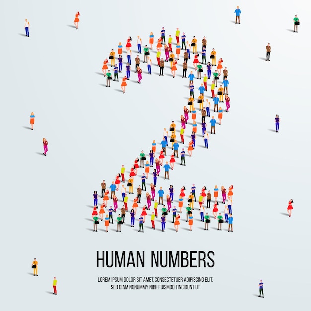 Large group of people form to create number 2 or two. people font or number. vector illustration.