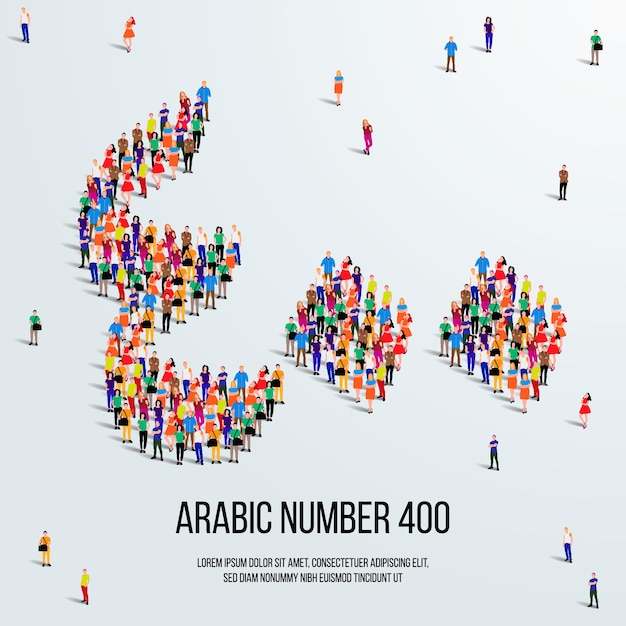 Un grande gruppo di persone si forma per creare il numero 400 o quattrocento in caratteri o numeri di persone arabe