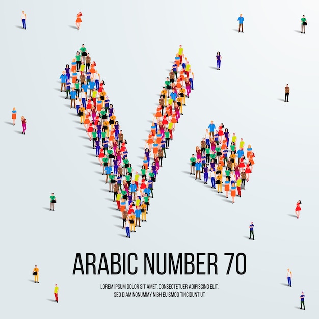 Un grande gruppo di persone si forma per creare il numero 70 o settanta in arabo