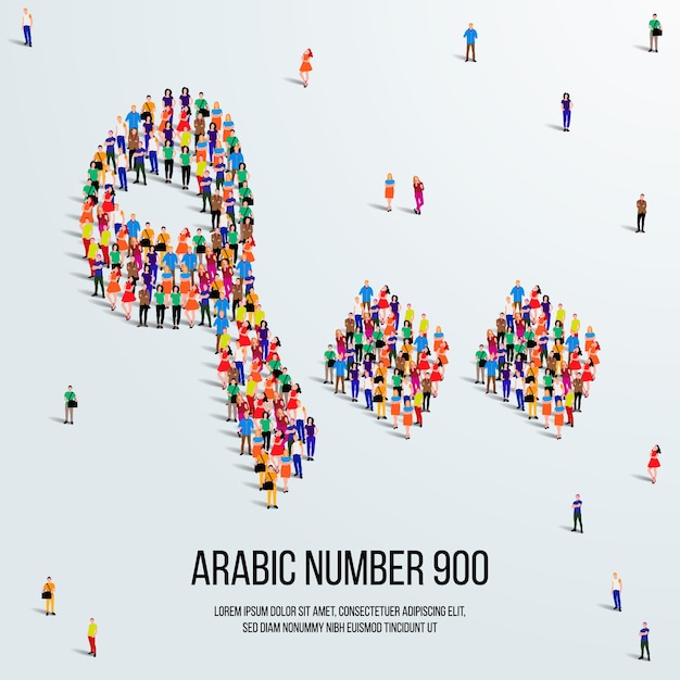 большая группа людей формируется, чтобы создать число 900 или девять сотен в арабском шрифте или цифре