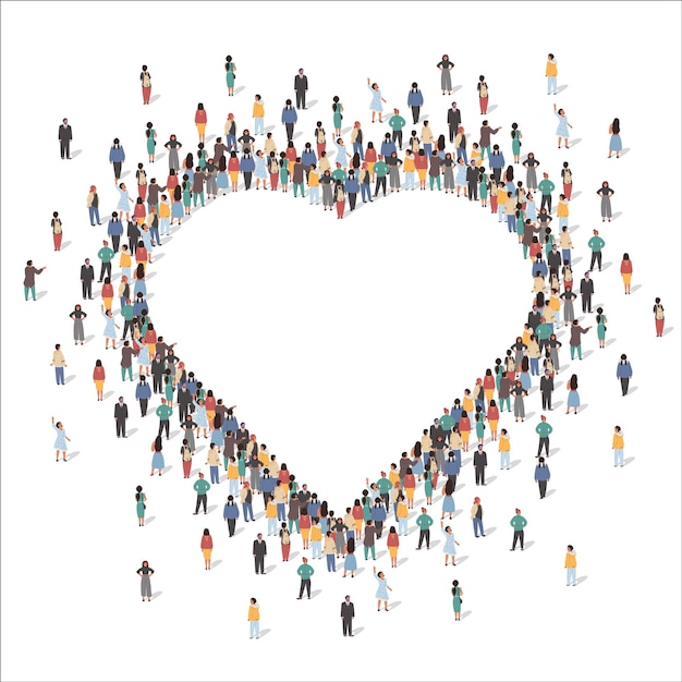 Large group of people forming human heart shape frame standing together flat vector illustration people crowd gathering love appreciation social community