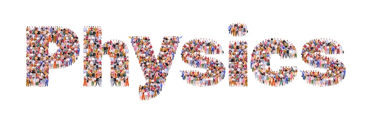 Vector large group of people forming word physics physics school subject back to school science