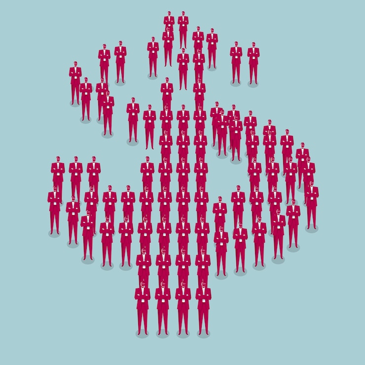 Vector a large group of people make up the dollar sign. isolated on blue background.