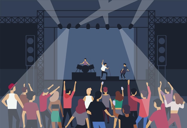 Grande gruppo di persone o appassionati di musica che ballano davanti al palco con la banda musicale, vista posteriore. musicisti, cantanti e pubblico al festival estivo all'aperto. piatto del fumetto illustrazione vettoriale.