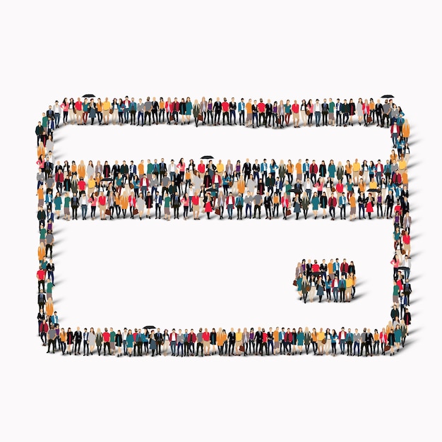 A large group of people in the shape of a credit card