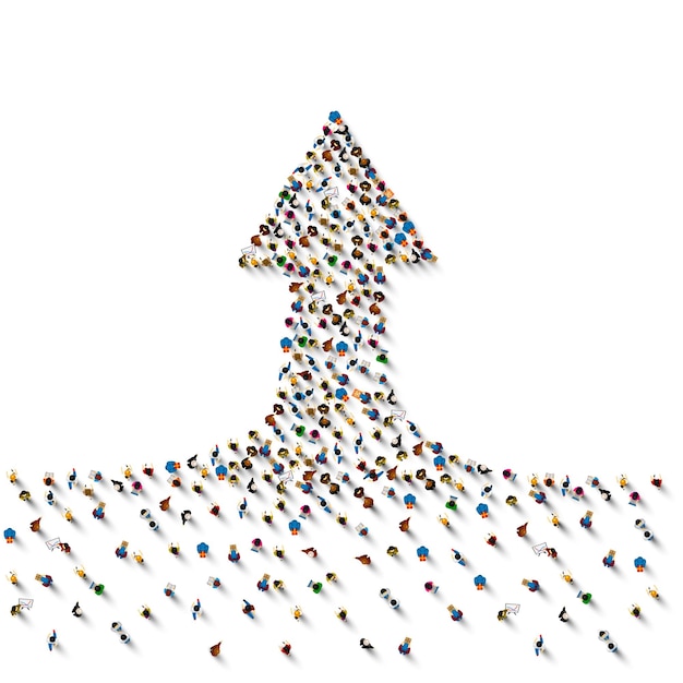 Vector large group of people in the shape of a grossing arrow, way to success bussiness concept