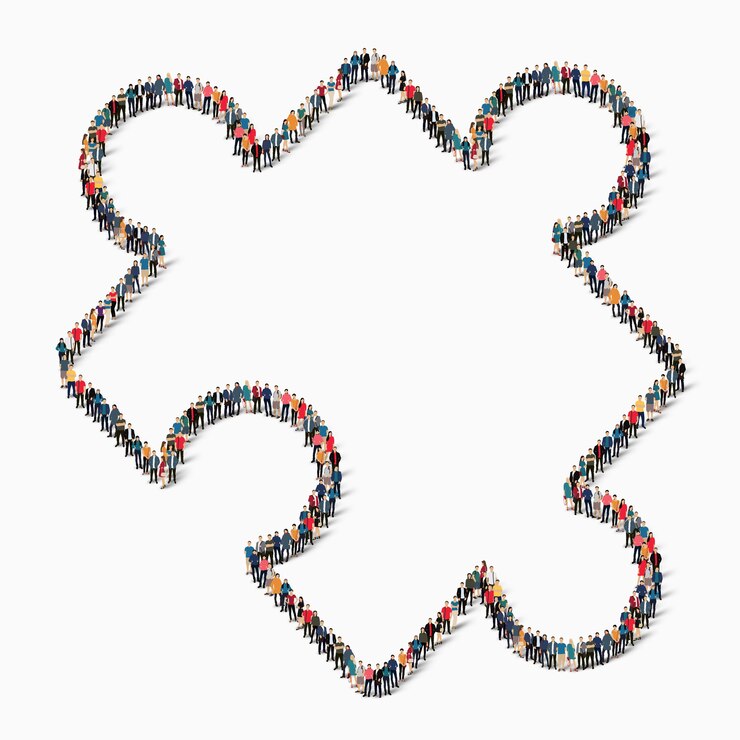 Vector a large group of people in the shape of a puzzle, designer, icon. 