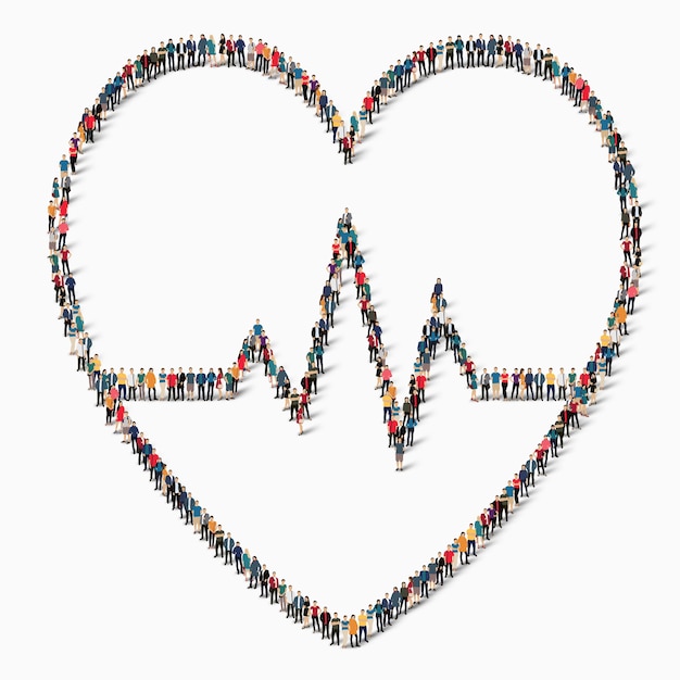 A large group of people in the shape of a sign of the heart, cardiac, medicine, icon. 