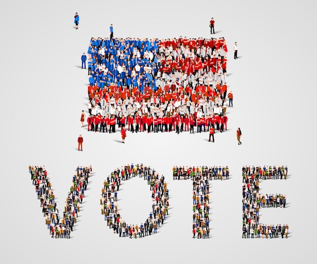 Large group of people in the shape of United States of America flag and vote word