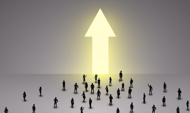 large group of people stand in front of a glowing arrow concept of financial and personal growth