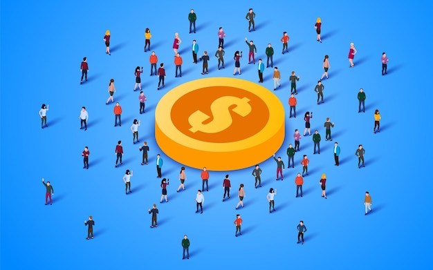 Large group of people standing around big coin people crowd business concept