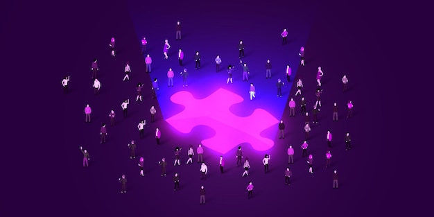 Large group of people standing around glowing jigsaw puzzle Partnership concept