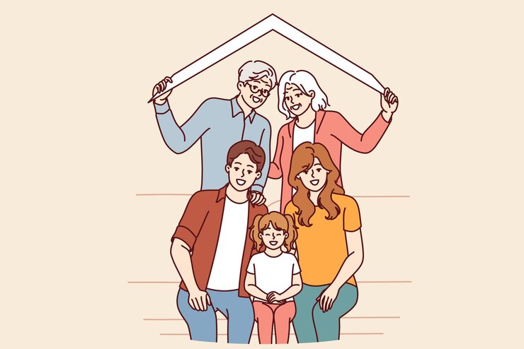Vector 退職した両親と ⁇ 家の屋根の下に孫がいるミレニアル世代の子供たちの大きな幸せな家族
