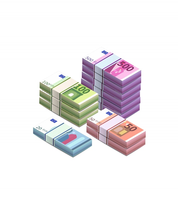 Large heap of different euro banknotes in stacks in isometric view on white