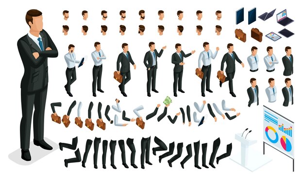 Large isometric set of hand and foot gestures of a 3d businessman Create your character