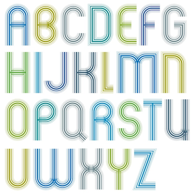 Large jolly colorful striped uppercase letters with rounded corners.