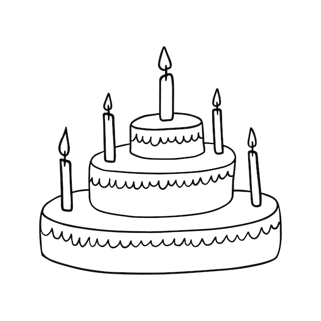 크리스마스 생일 결혼식 두들 선형 만화 색칠을 위한 비스킷 달콤한 간식과 아이싱이 있는 불타는 왁스 양초가 있는 대형 다층 케이크