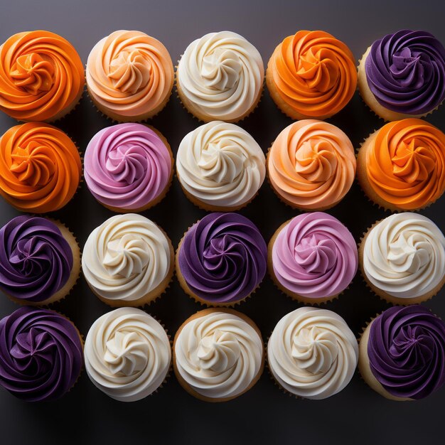 A large number of cupcakes arranged in a spiral pattern