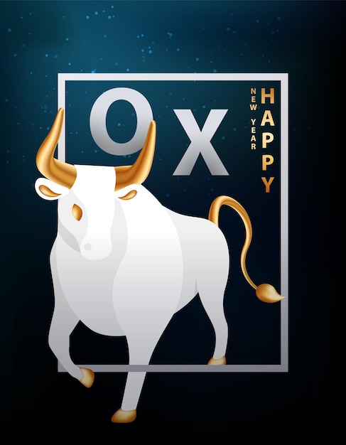 Large ox with golden horns postcard or cover with lunar new year symbol bull in frame on dark sky