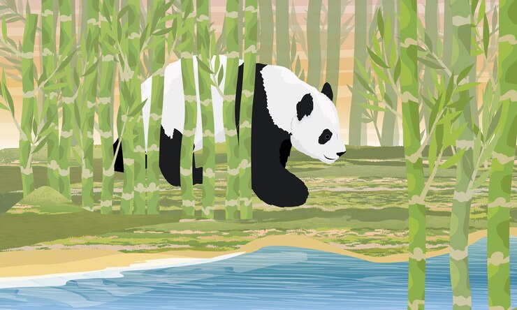 A large panda walks along the shore of the lake Asian animals Bamboo forest