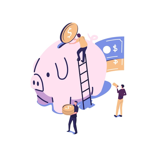 a large piggy bank in the form of a piglet on a white background financial services small bankers are engaged in work saving or accumulating money a coin box with falling vector