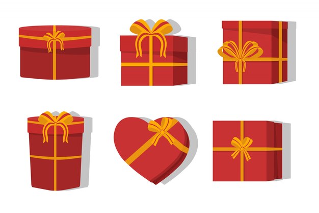 A large pile of red gift boxes on white background. Beautiful gift boxes with a colored bows on holiday, surprise birthday.  