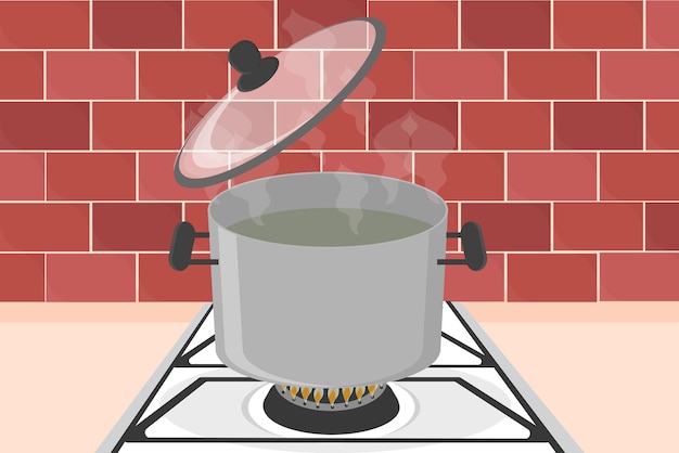 キッチンのガスストーブで大きな鍋が沸騰しています