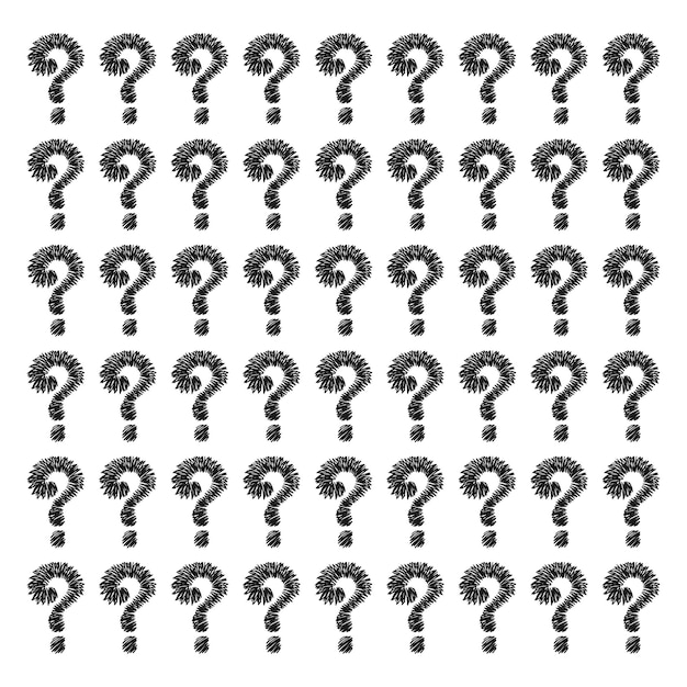 Large question mark pattern with questions. Black and white graphic random pattern.