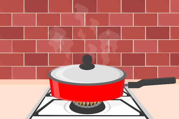 A large red pot is boiling on a gas stove in the kitchen