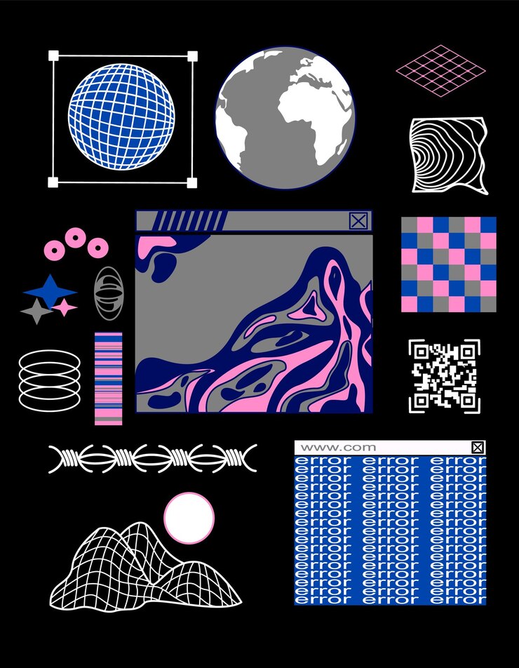Vector 추상 요소의 큰 집합입니다. 귀하의 프로젝트를 위한 템플릿인 acid graphic 스타일로 설정하십시오.