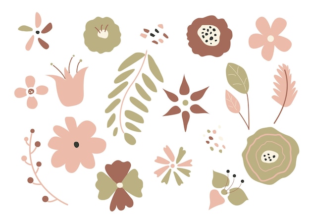 Vector large set of  abstract minimalistic flowers drawn in a handdrawn style