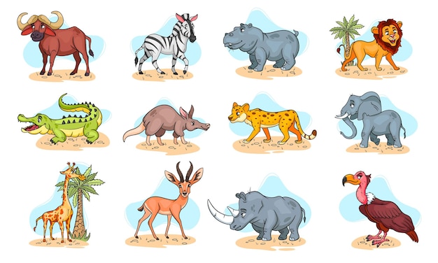 large set of african animals. funny animal characters in cartoon style. children's illustration. vector collection.