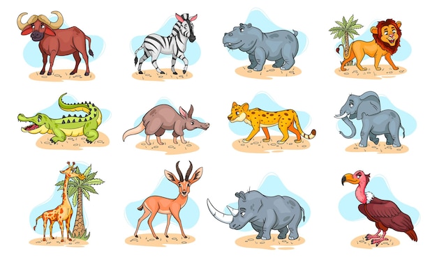 Grande set di animali africani. personaggi animali divertenti in stile cartone animato. illustrazione per bambini. raccolta di vettore.