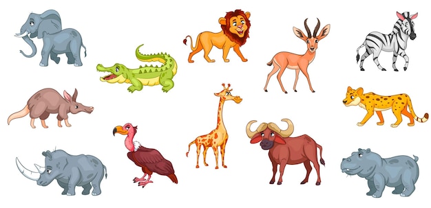 Grande set di animali africani personaggi animali divertenti in stile cartone animato illustrazione per bambini collezione vettoriale