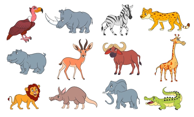 Large set of African animals Funny animal characters in cartoon style Children's illustration Vector collection