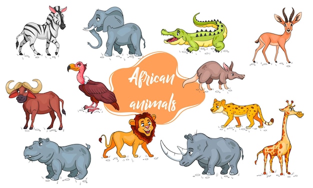 Vettore grande set di animali africani. personaggi animali divertenti in stile cartone animato.