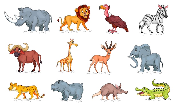 Vector large set of african animals funny animal characters in cartoon style