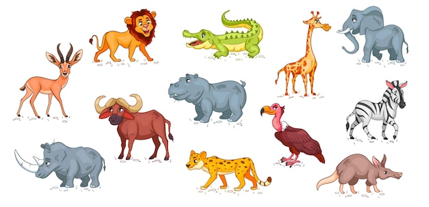 large set of african animals funny animal characters in cartoon style