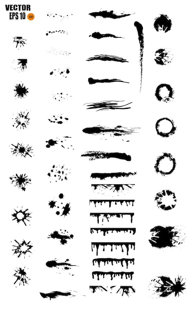 Un grande set di inchiostro nero sbavature di inchiostro macchie macchie pennelli linee ruvide pennellate nere elementi di design artistico isolati su sfondo bianco