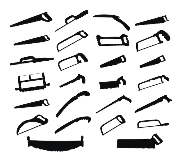 Vector large set of black silhouettes of hacksaws saws joiners cutting tools isolated vector