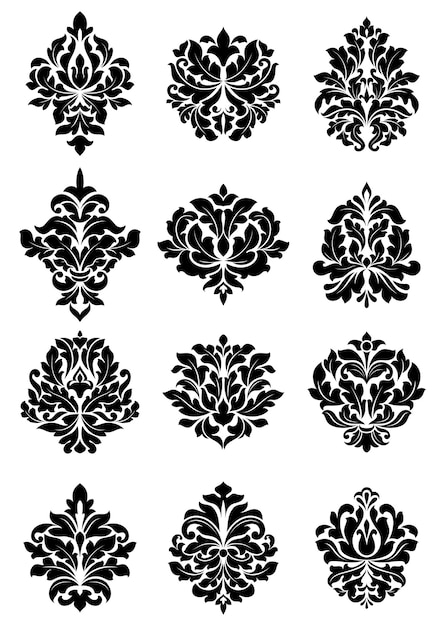 다 마스크 스타일의 패브릭 및 섬유에 적합한 대담한 꽃 무늬 아라베스크 모티프 세트