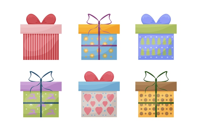 A large set of bright colored gift boxes. Boxes for gifts for New Year, Christmas, birthday, as well as Valentine s Day and other holidays. Vector illustration on a white background