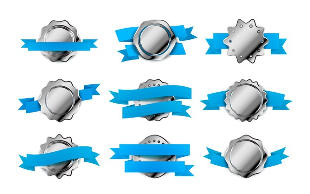 明るい銀のレトロなラベル、白地に青のテープが付いているバッジの大規模なセット