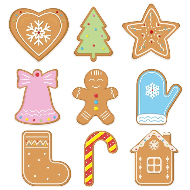 A large set of Christmas gingerbread gingerbread houses gingerbread man snowflakes sock Christmas tree bell star mitten Vector illustration