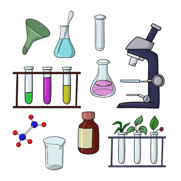 Un ampio set di icone a colori esperimenti chimici e biologici con un fumetto vettoriale al microscopio