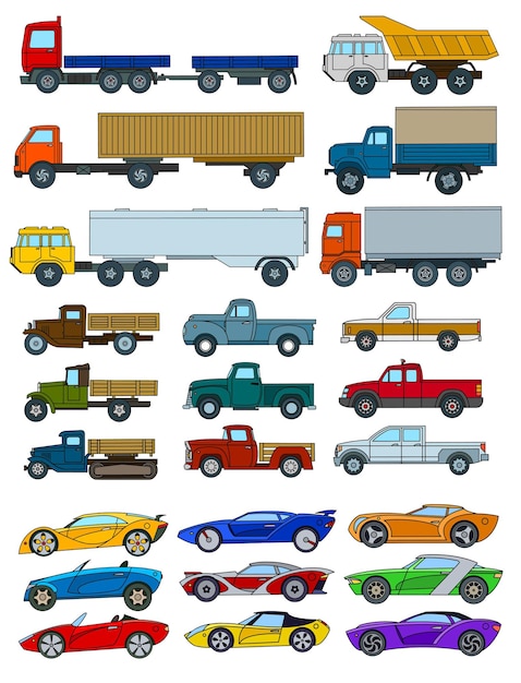 Large set of colored cartoon cars.