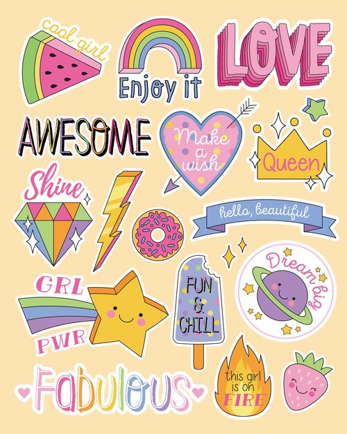 Large set of colorful fashion patches with motivational text in assorted designs for creative design